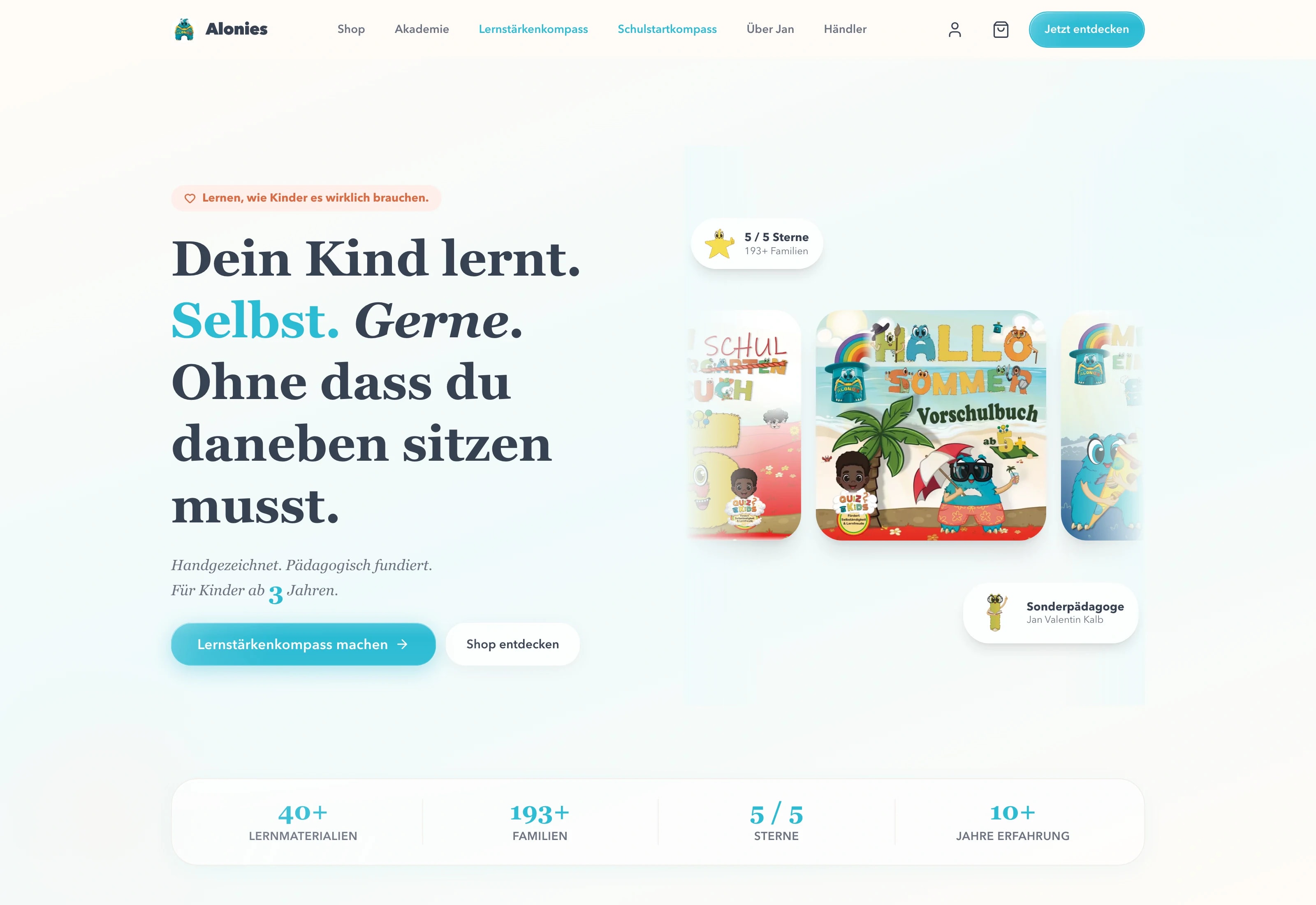 Website von Alonies: Handgezeichnete Lernmaterialien für Kinder von 3 bis 6